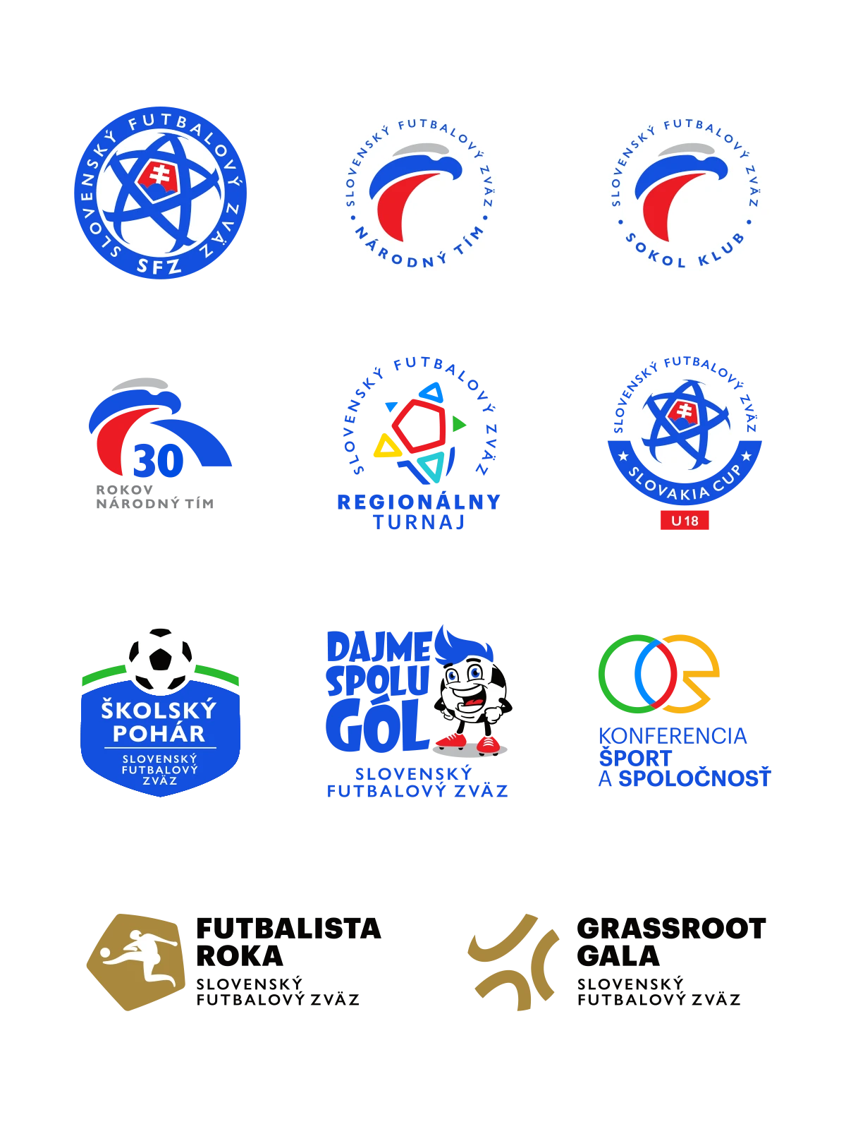 SFZ logá: Slovenský Futbalový Zväz, Slovenský Futbalový Zväz Národný Tím, Slovenský Futbalový Zväz Sokol Klub, Slovenský Futbalový Zväz 30 Rokov Národný Tím, Slovenský Futbalový Zväz Regionálny Turnaj, Slovenský Futbalový Zväz Slovakia Cup U18, Slovenský Futbalový Zväz Školský Pohár, Slovenský Futbalový Zväz Dajme Spolu Gól, Slovenský Futbalový Zväz Konferencia Šport a a Spoločnosť, Slovenský Futbalový Zväz Futbalista Roka, Slovenský Futbalový Zväz Grassroot Gala